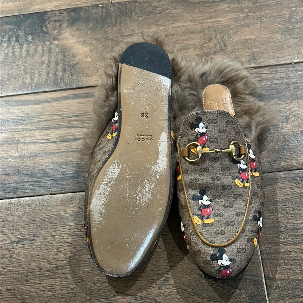 Gucci x Disney Mickey Mouse Fur Lined Princeton Mules Coated Canvas GG EU36 US 6 - Picture 9 of 10